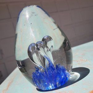 Hand Blown Art Glass Paperweight Bullicante Flower Abstract Decor Blue